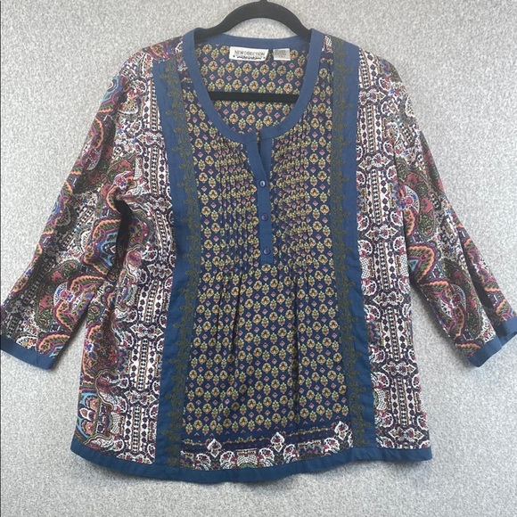 new direction Tops - Vtg New Direction boho blouse embroidered pin tuck pleats 1/4 button cotton S